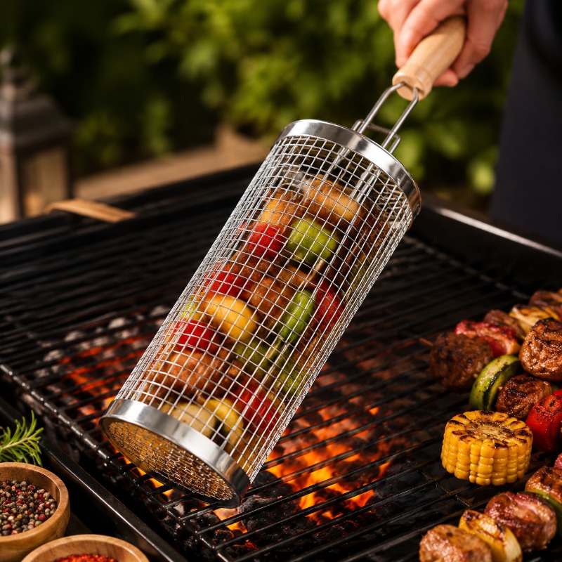 Camping Cooking Meat - Round Barbecue Grill Basket Set Stainless
